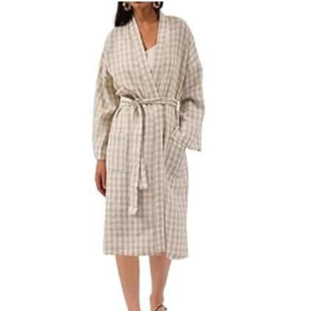 Khaki Cream White Gingham Plaid Check Linen Duster Jacket Oversized S M L